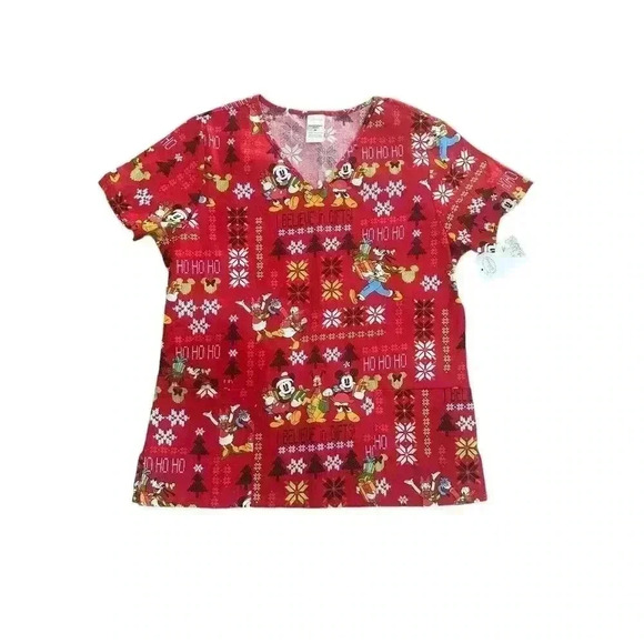 Disney Christmas Scrub Top Red Mickey Pluto Size Medium M Pockets Vneck NWT‎ - Picture 1 of 10